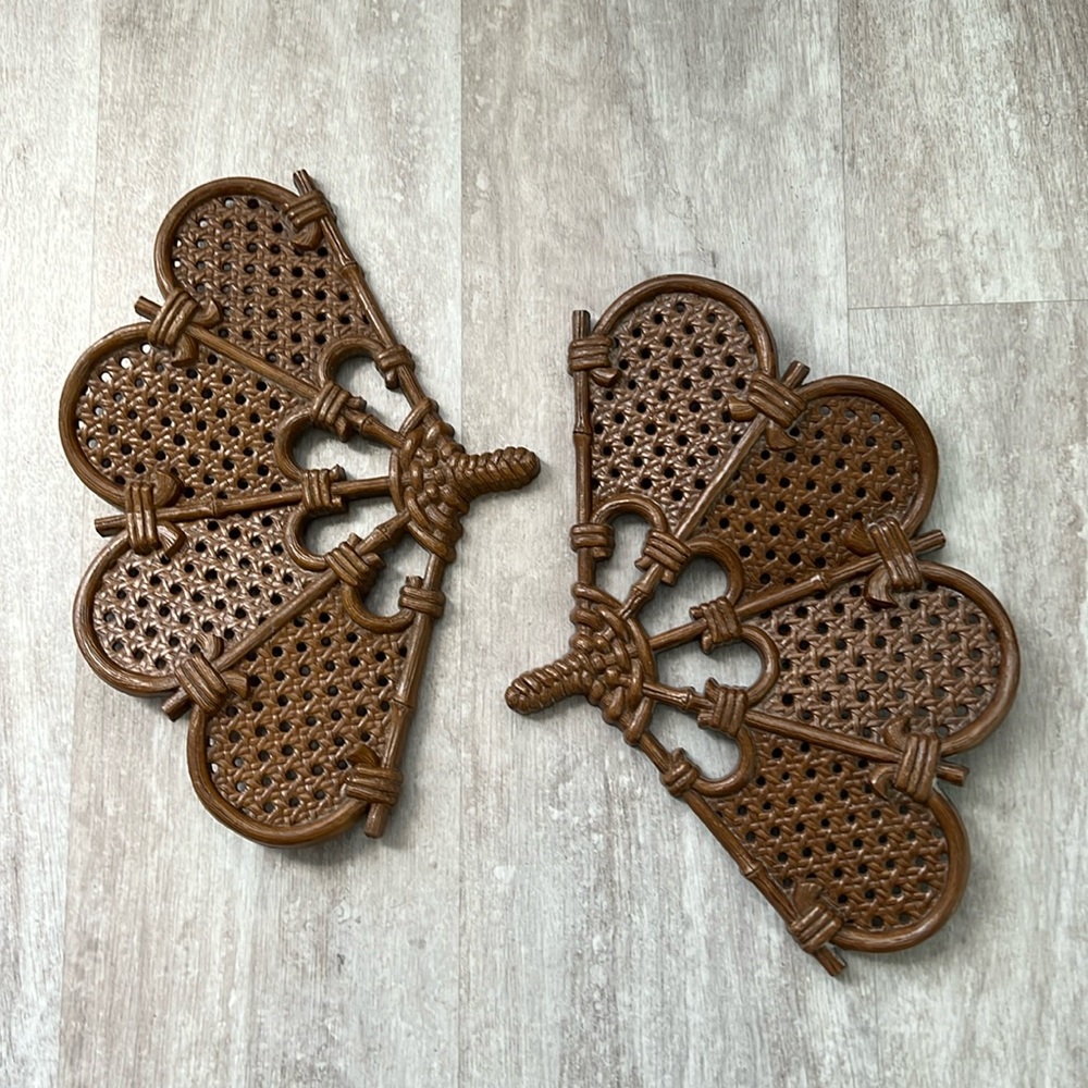 Burwood Products 1980 MCM brown bamboo & wicker molded fans